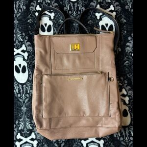 Steve Madden Taupe Black Backpack Purse Gold Hardware Faux Leather Chic